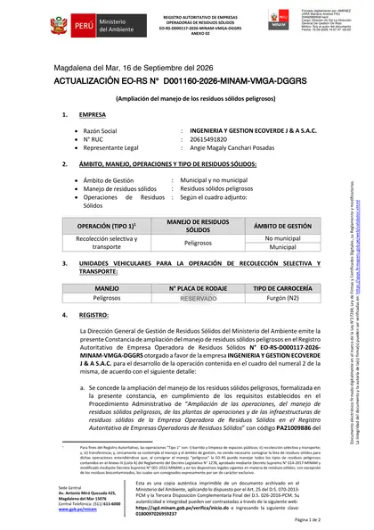 Página 1 de la ACTUALIZACIÓN EO-RS N° D001160-2026-MINAM-VMGA-DGGRS, Anexo 02, que amplía el registro de INGENIERIA Y GESTION ECOVERDE J & A S.A.C. al manejo de residuos sólidos peligrosos: razón social, RUC, representante legal, ámbito municipal y no municipal y operación de recolección selectiva y transporte.