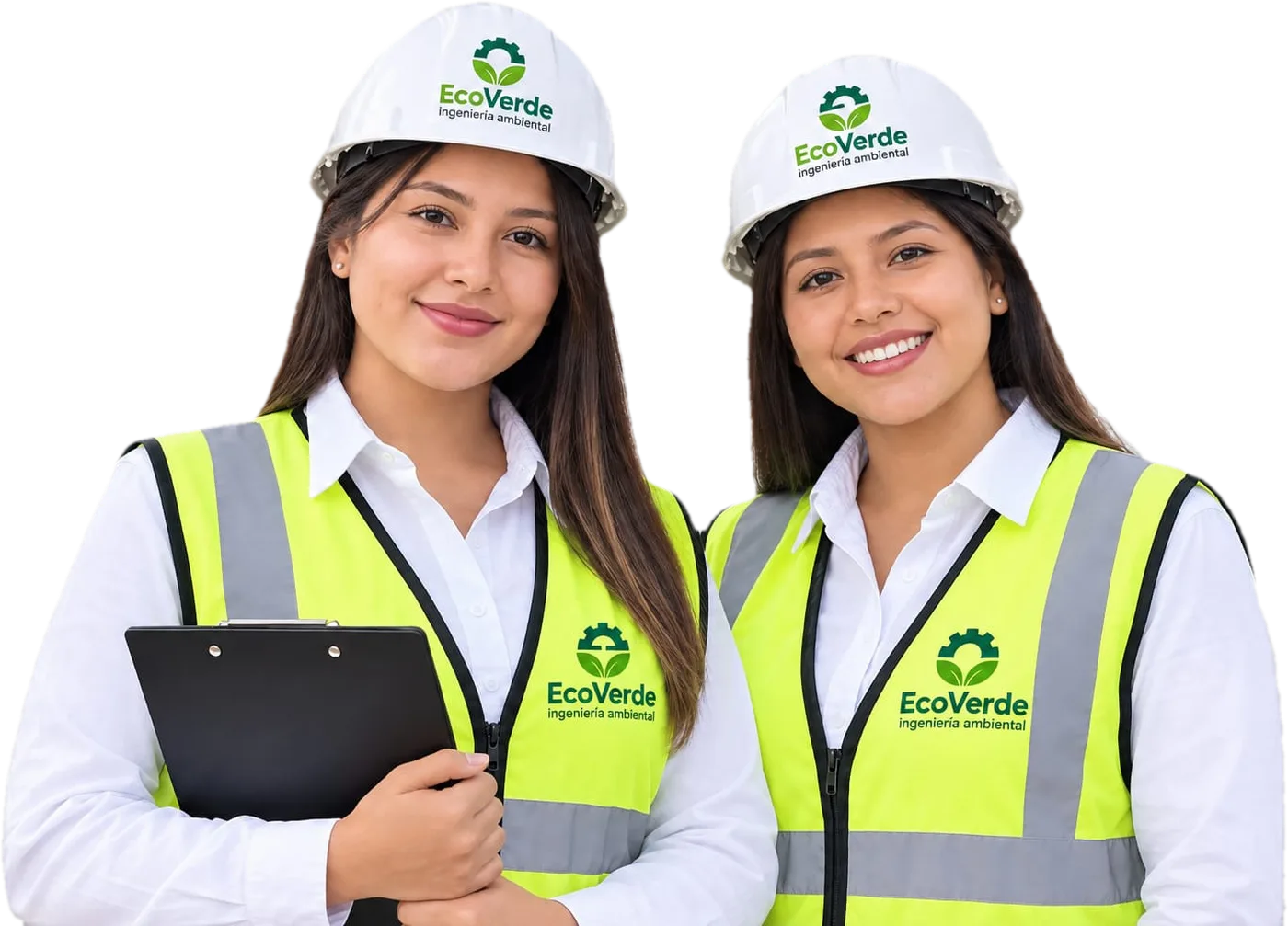 Dos ingenieras de EcoVerde con casco y chaleco reflectivo de la empresa, sonriendo.