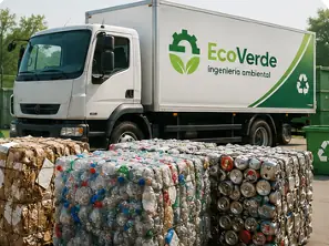 Camión de EcoVerde junto a pacas prensadas de plástico, aluminio y cartón listas para comercializar.