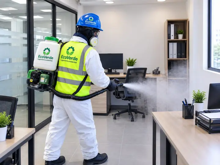 Técnico de EcoVerde con equipo de termonebulización desinfectando una oficina.