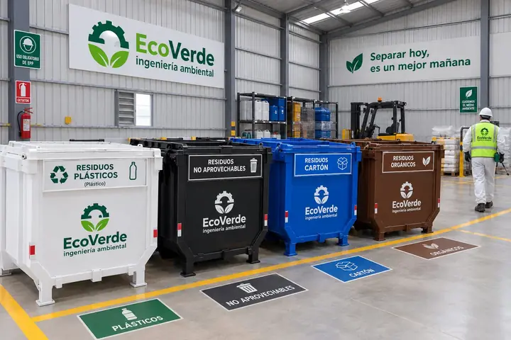 Cuatro contenedores de segregación de EcoVerde —plásticos, no aprovechables, cartón y orgánicos— alineados en el almacén de la empresa.